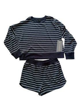 Navy Blue Luxe Knit Stripe Shorts Set Crew Sweatshirt & Shorts Size L NWT